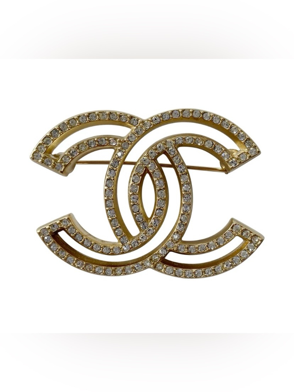 ChaneI  Strass and Crystal Logo Brooch Gold-Tone